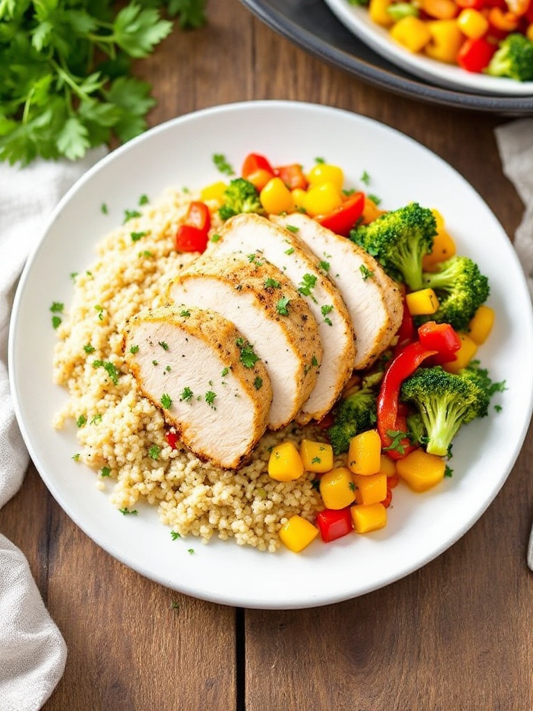 Healthy chicken breast with vegetables on quinoa, garnished with herbs.